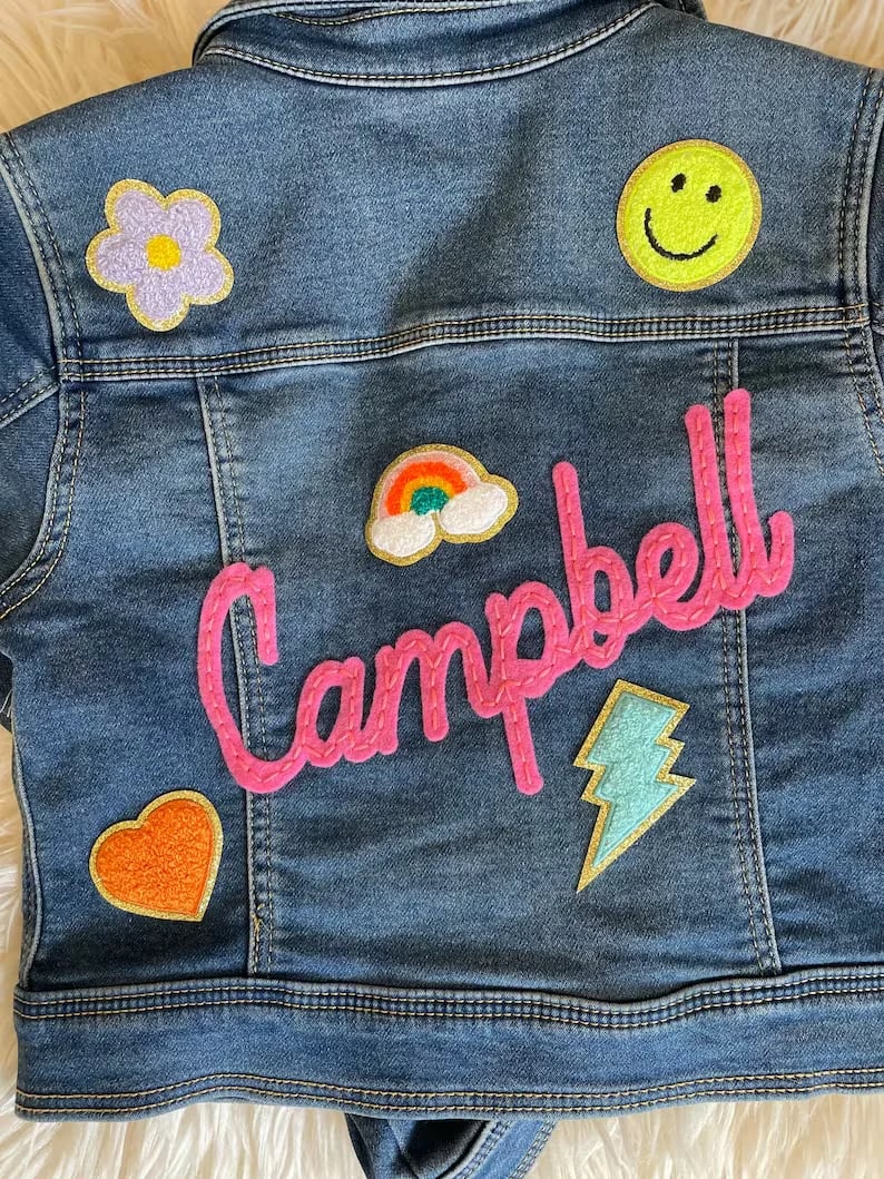 🎁[48-Hour Limited Time Offer]Baby Toddler Kids Personalized Name Embroidered Denim Jean Jacket with patches