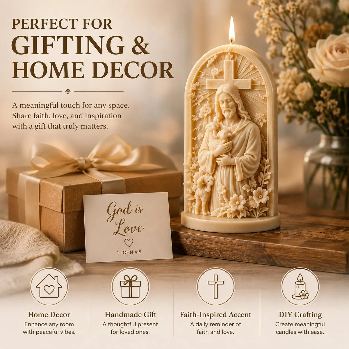 🎉49% OFF – ✝️ 2-Piece Good Shepherd Jesus 3D Candle Mold Set | Sculpted Cross, Lamb & Floral Relief for Faith-Inspired Handmade Candles 🕯️✨