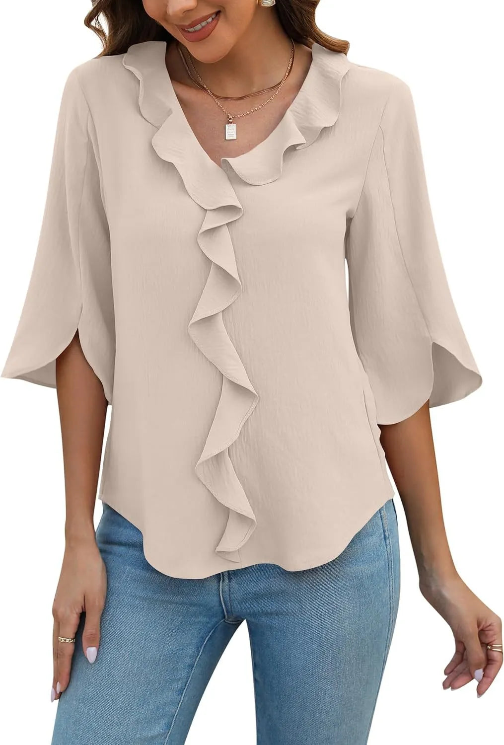 Women's V-Neck 3/4 Ruffle Sleeve Tops