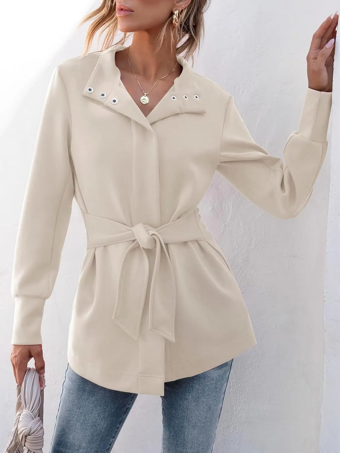 ✨WOMENS JACKET BELTED CASUAL WRAP TRENCH COAT BUTTON UP DRESSY OUTERWEAR WITH POCKETS