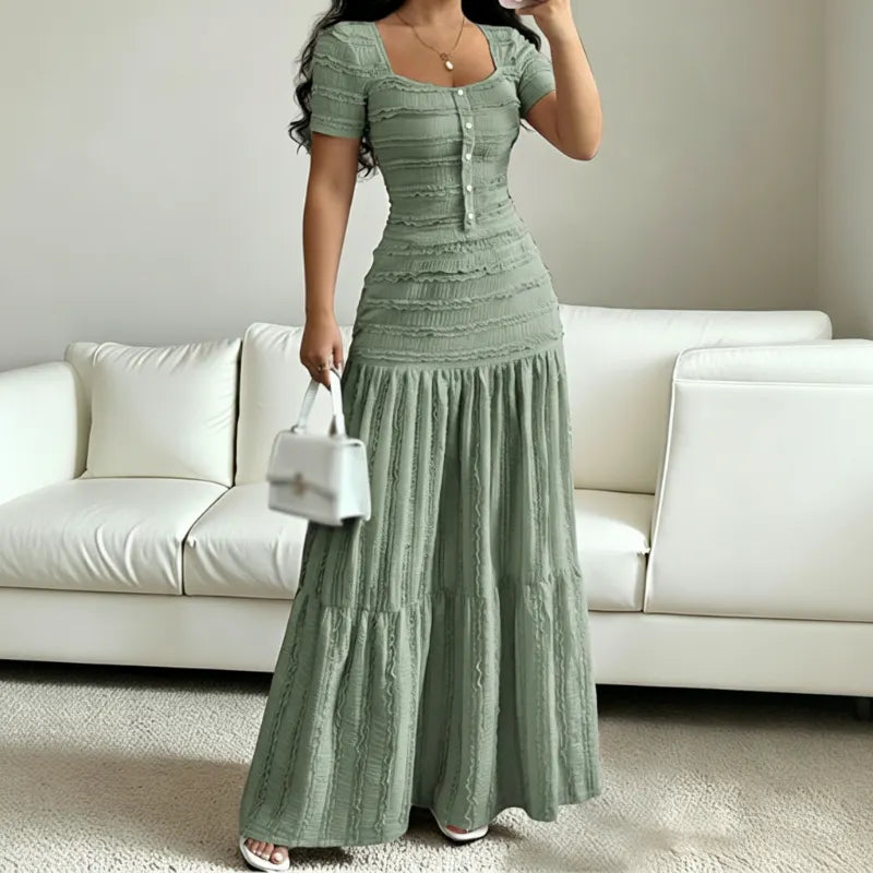 👗 LIMITED-TIME 49% OFF! ✨ Women's Square Neck Dress Set – Crinkled Fabric, Tiered Skirt, Elegant 🍷