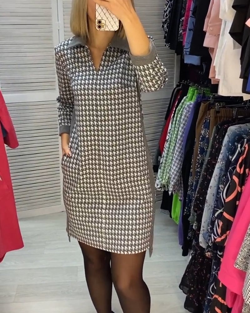Lapel Pocket Checked Long Sleeve Dress
