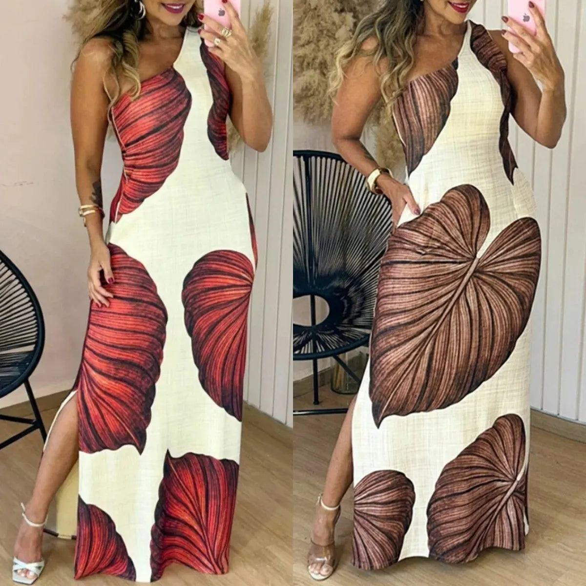 Tropical Print One Shoulder Bodycon Slit Dress Sexy Slim Fit Maxi Dress