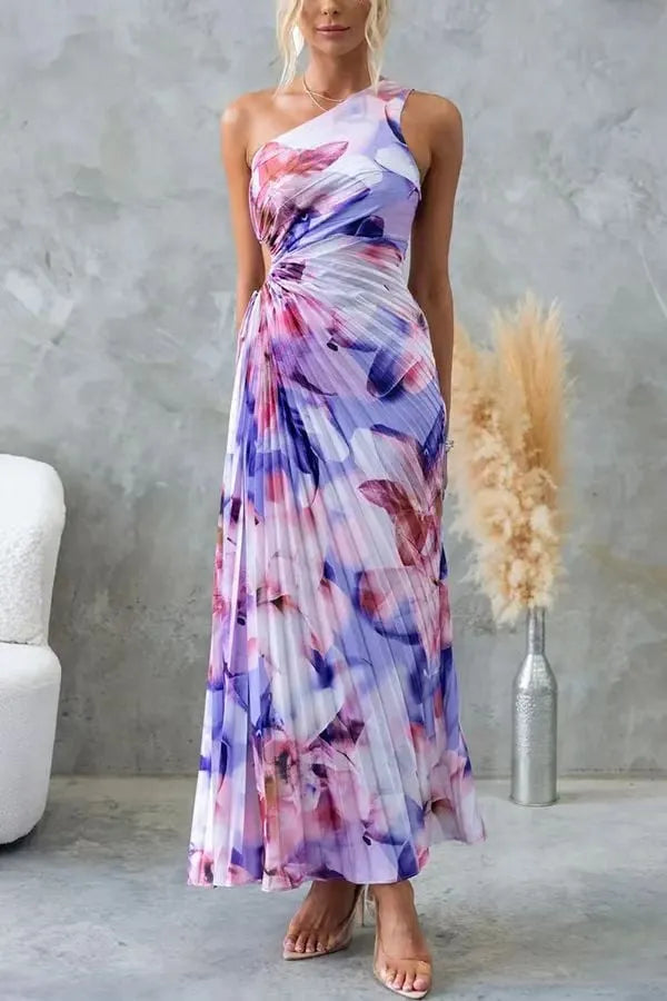 Stunning One - Shoulder Pleated Cut - Out Dress