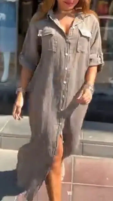 Solid Color Button Down Slit Loose Casual Shirt Dress