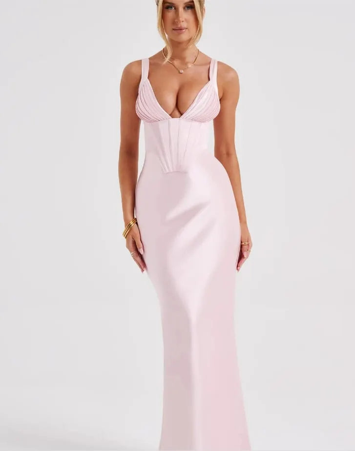V-Neck Fishbone Satin Slip MAXI Dress