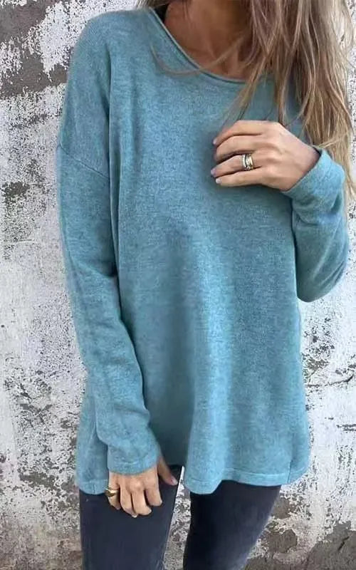 Women's Solid Round Neck Long Sleeve Tops