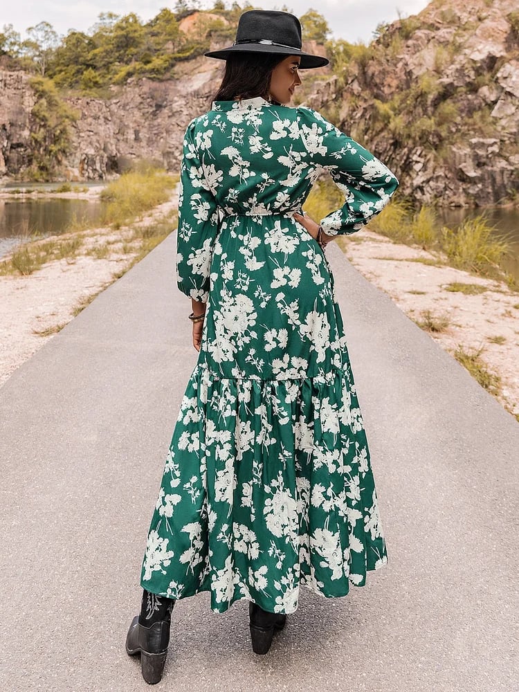 Floral Embroidered Notched Neck Maxi Dress