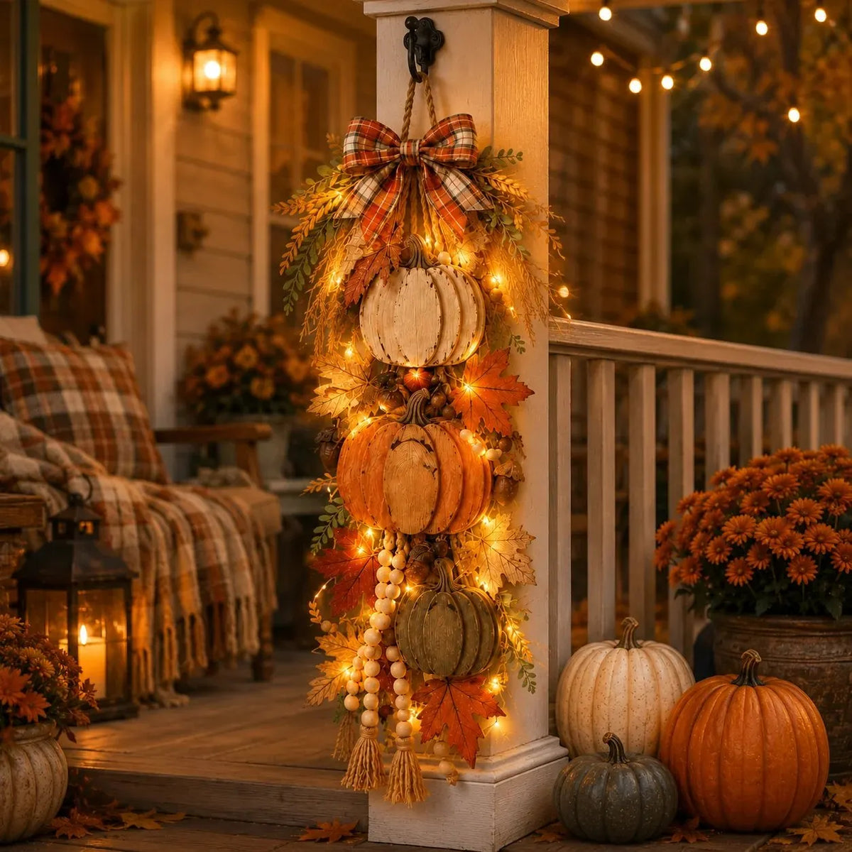 🔥HOT SALE🔥Rustic Wooden Pumpkin Door Hanging with Warm LED Lights
