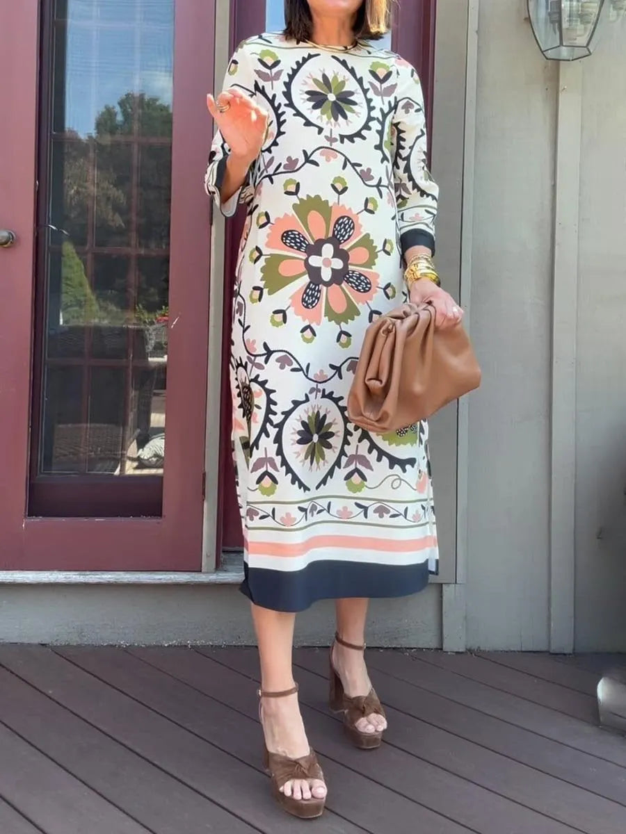 Women's Roung Neck Printed Slit Hem Dress