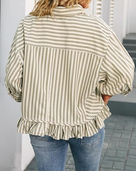 Summer Top🌞 Ruffled Hem 3/4 Sleeve Button-Down Striped Shirt