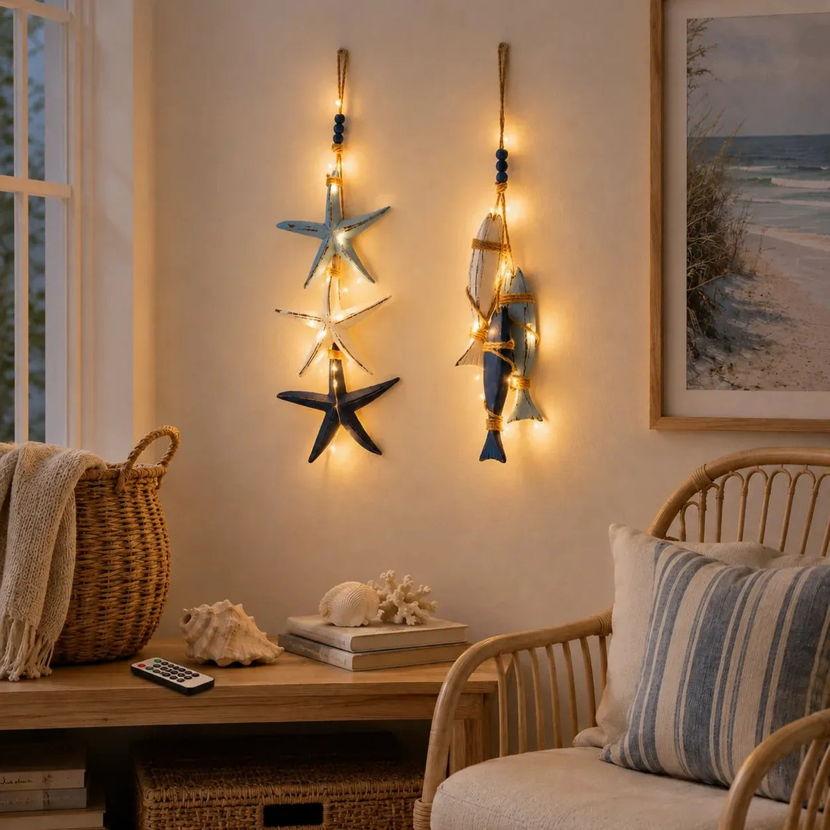 🔥HOT SALE🔥🐟🌊Lighted Coastal Wooden Starfish & Fish Hanging Decor