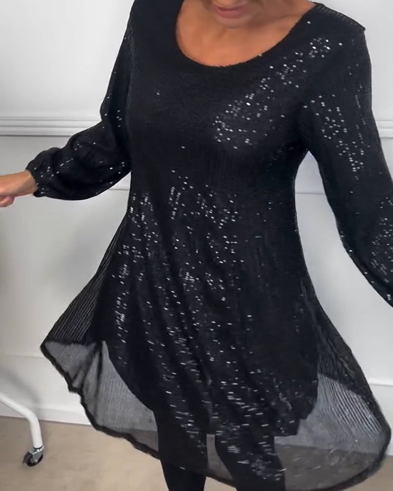 Elegant lantern sleeve sequined a-line dress