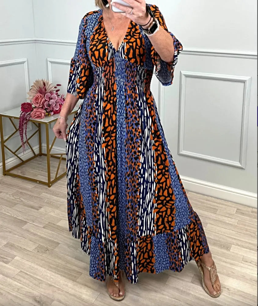💥Buy 2 Free Shipping🔥V-neck Print Shirred Waist Dress