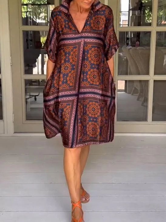 Casual V-neck Printed Loose Dress
