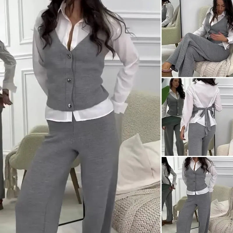 Damen Set aus Hemd mit Weste in Layering-Optik und Hose