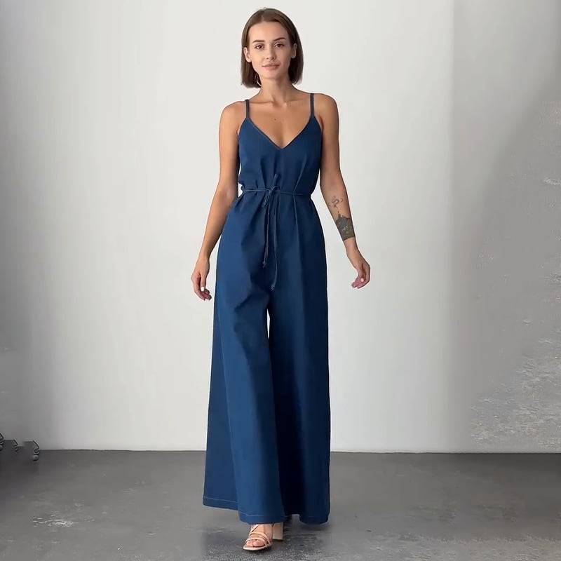Women's V-neck Suspender Waist Denim Jumpsuit