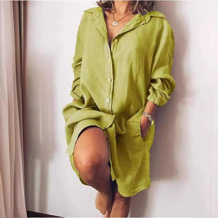 Cotton-linen mid-length long-sleeve solid color cardigan