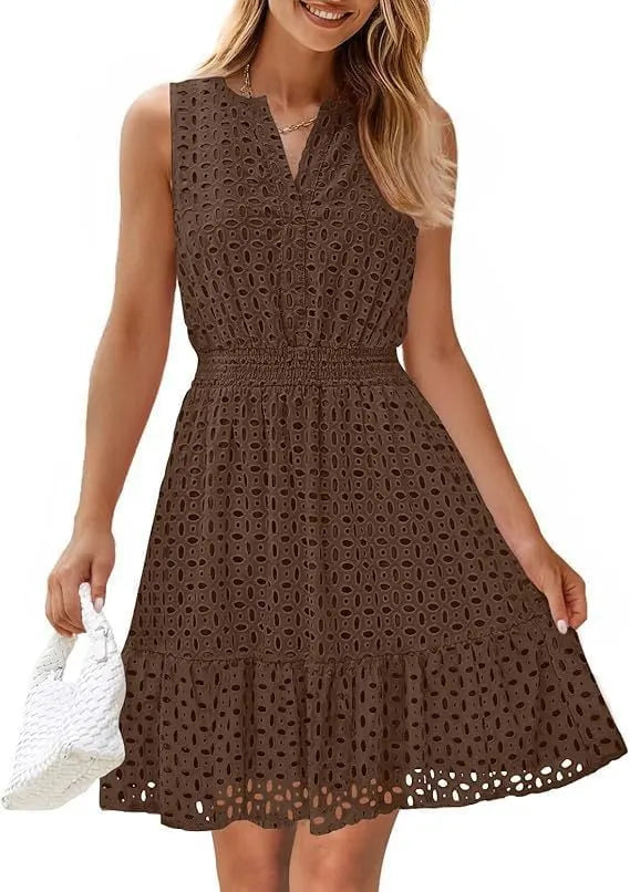 Sleeveless Dress with V-Neck, Hollow Out Eyelet and High Waist