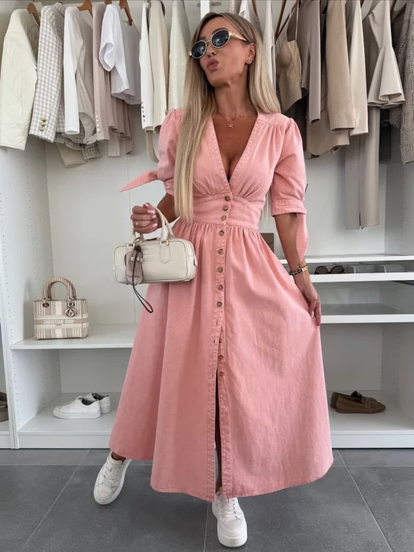 V-Neck Short Sleeve Loose Denim Long Button-Up Dress