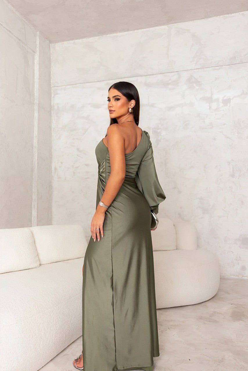 Slanted Collar Ruched Waist & Slit Sexy Long Dress