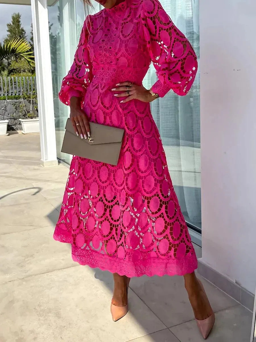 Romantic, Sensual and Elegant Crochet Lace Lantern Sleeve Party Midi Dress