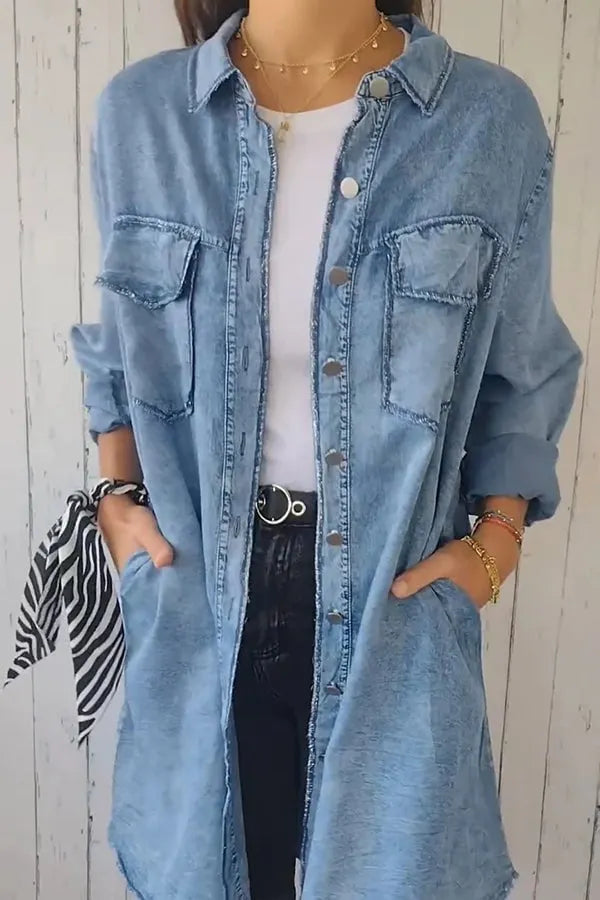 Fashionable and Versatile Long-sleeved Lapel Denim Jacket