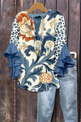Floral Print Ruffle Bell Sleeve Top