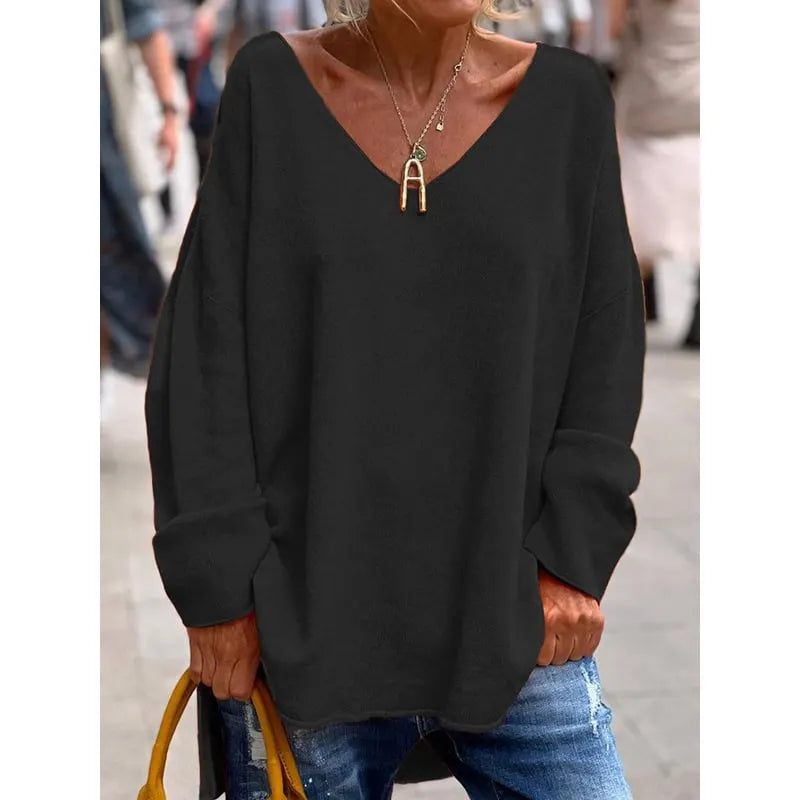 Women's V-Neck Casual Dipped Hem Oversized Sweater