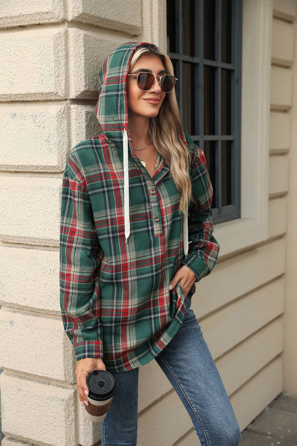 Women Autumn Winter Loose Long Sleeve Hooded Button Plaid Coat