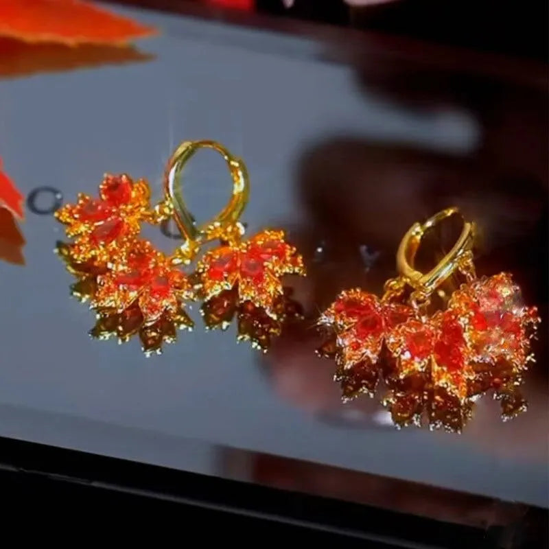 New Women's Red Zircon Maple Leaf Dangle Earrings
