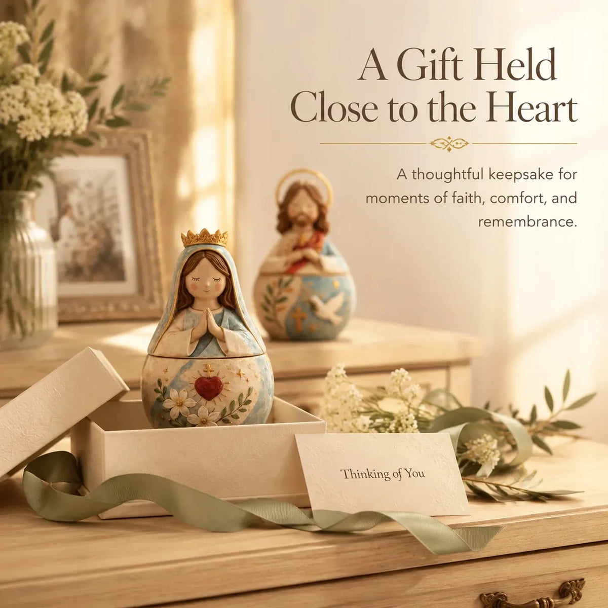 ✨ Divine Grace Collection: Hand-Painted Sacred Heart Jesus & Blessed Mary Keepsake Box