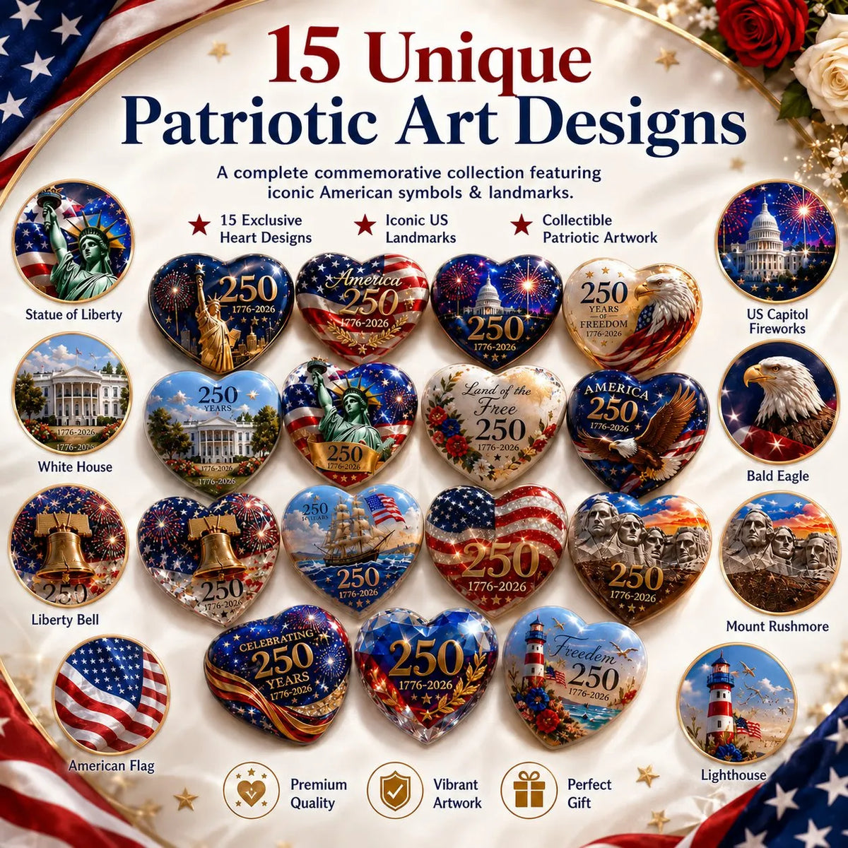 🎉🇺🇸 America 250th Anniversary Commemorative Heart Ornament Collection | 15-Piece Patriotic Keepsake Set🎁Buy 2 Free Shipping