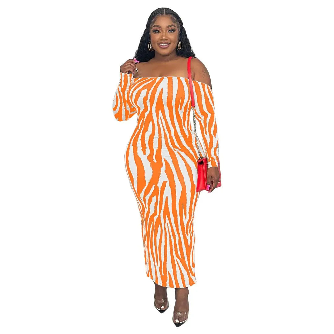 Women Fashion Sexy Off-Shoulder Zebra Print Long Sleeve Maxi Dress