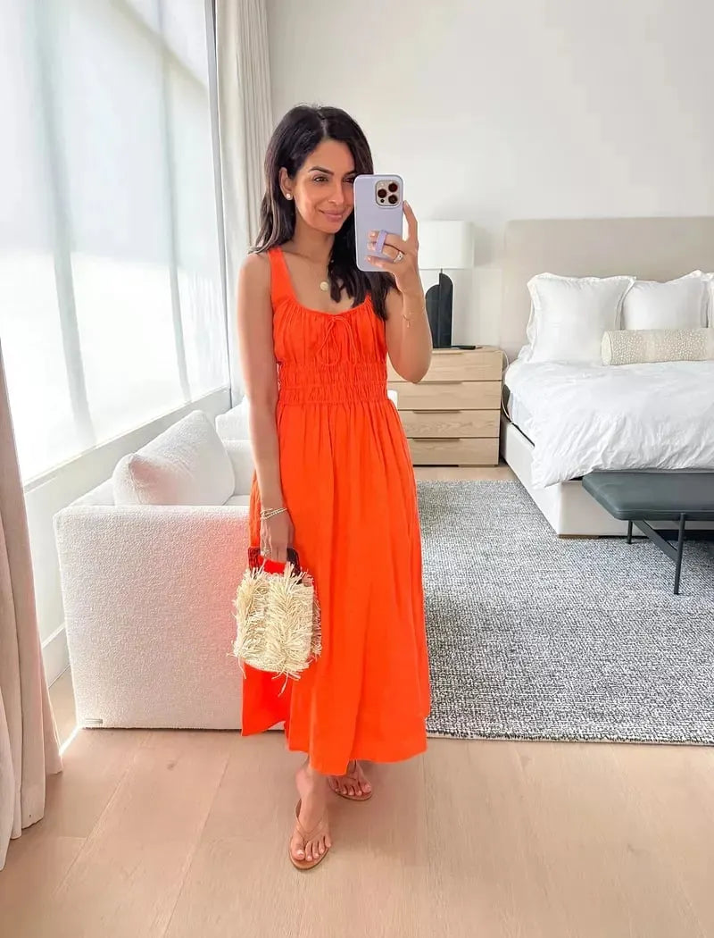 Smocked Linen Dress (Buy 2 Free Shipping)