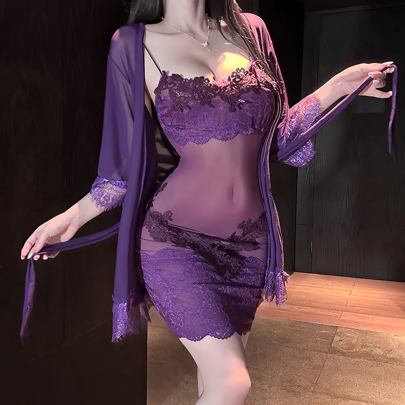 Solid Color Ruffled 3-Pieces Nightgown Set