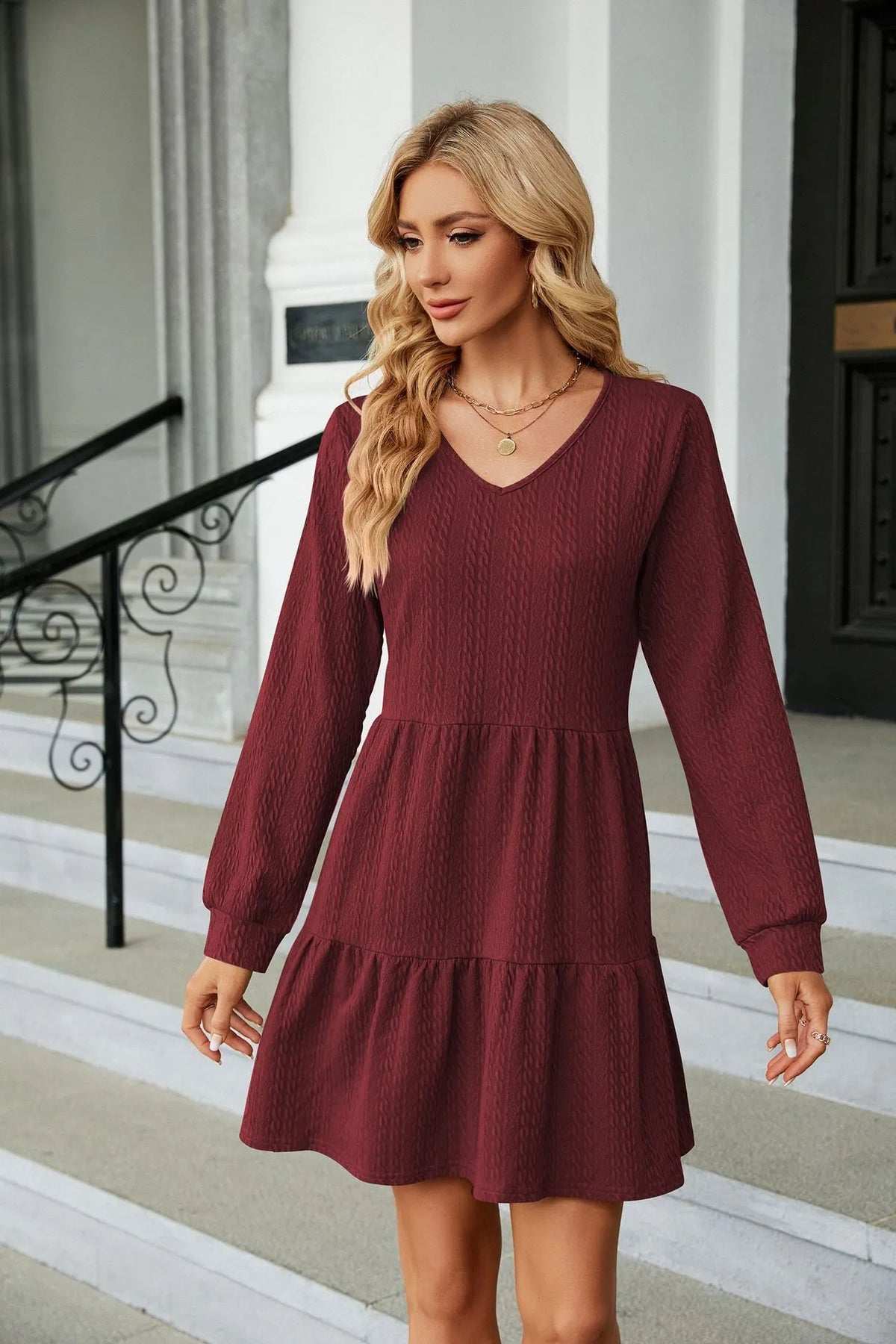 Women's V-Neck Lantern Sleeve Ruffle Trim Flowy Dress