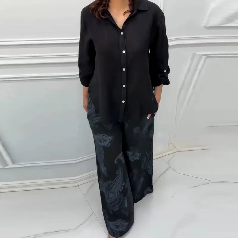 Women's Loose Shirt Cardigan & High-Waisted Pants Two-Piece Set