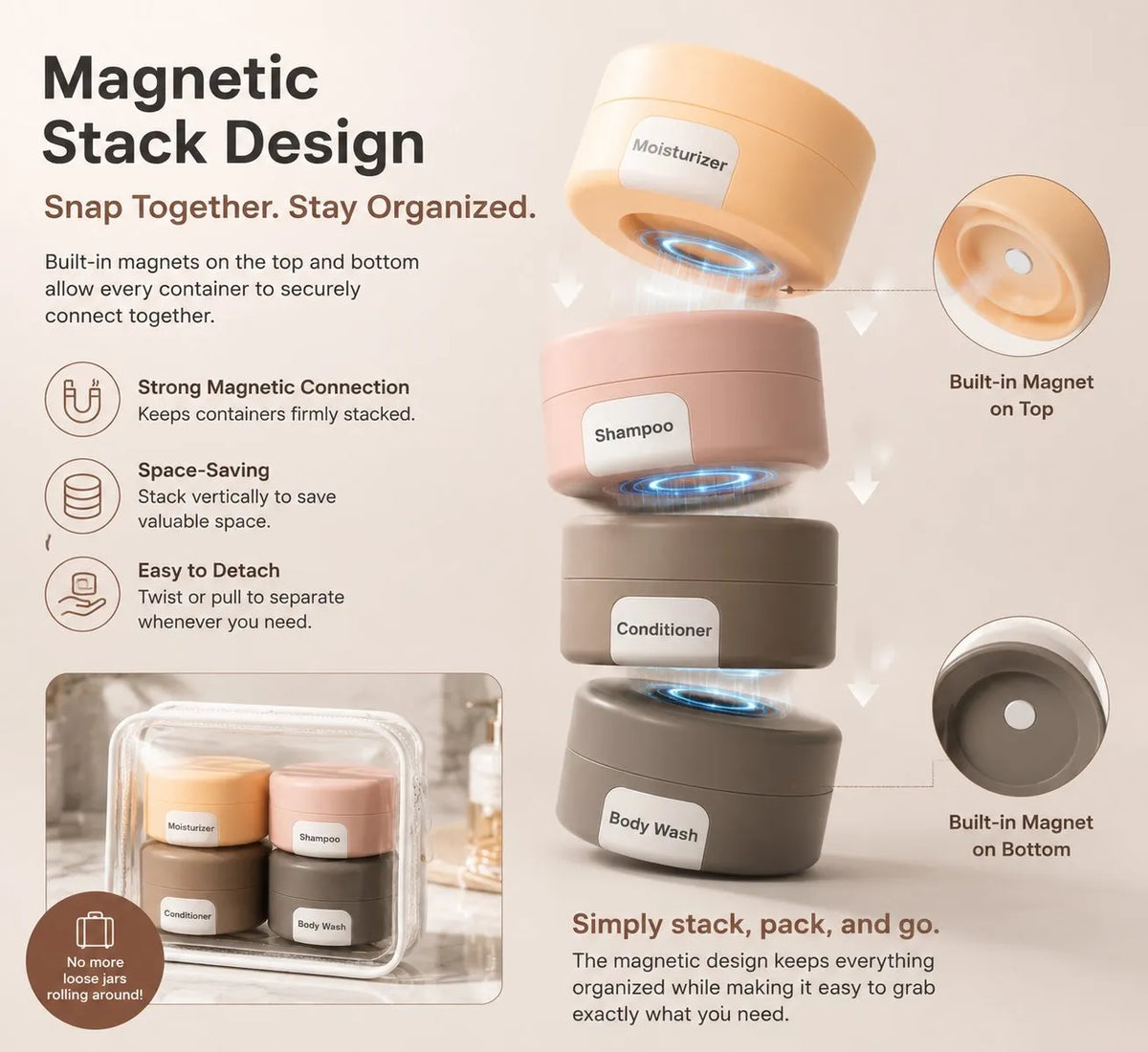 Magnetic Travel Containers Set (4 Pack) 🎁🛡Keep Your Skincare Organized, Leak-Free & TSA Ready Anywhere You Go.