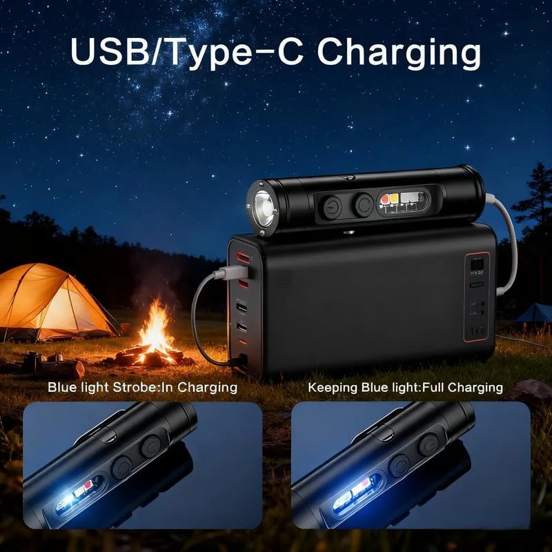 🎉 🔦Pocket Rechargeable EDC Flashlight:  Mini Keychain Light with Fire Starter & Window Breaker