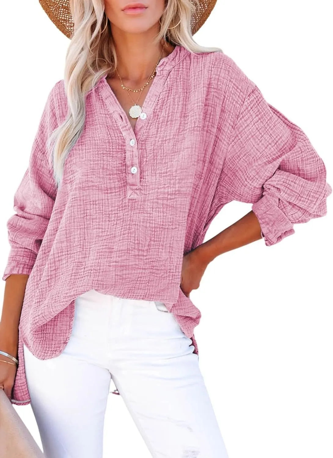 Women's Casual Gauze Button Down Neck Long Sleeve Oversized Top