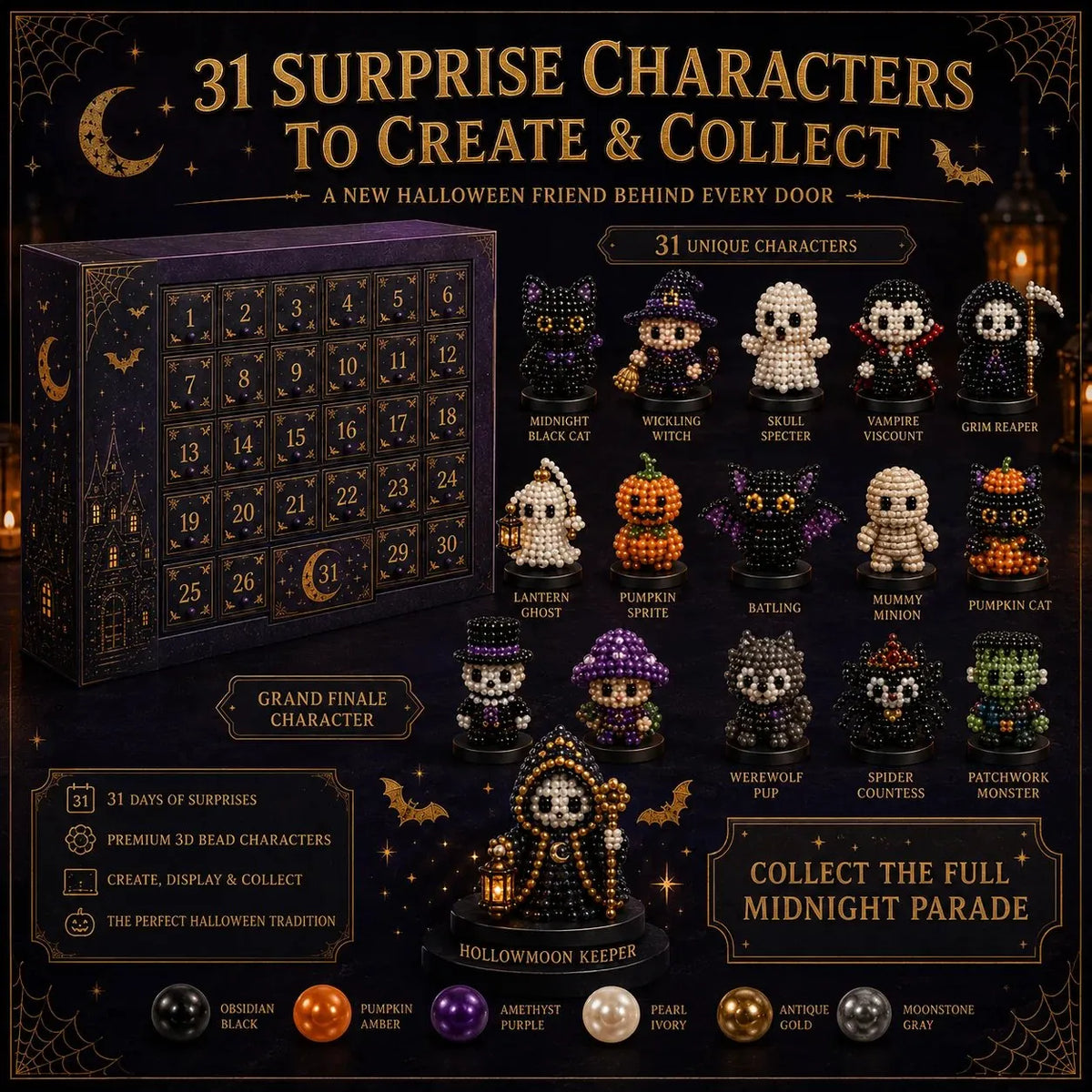 🎉🎃 Hollowmoon 31-Night Jewel-Bead Countdown Calendar | 31 Daily DIY Characters, Complete Craft Supplies & Midnight Parade Display 💎✨