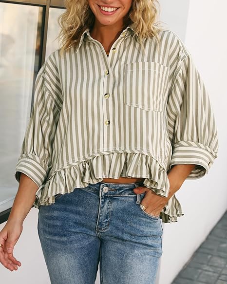 Summer Top🌞 Ruffled Hem 3/4 Sleeve Button-Down Striped Shirt
