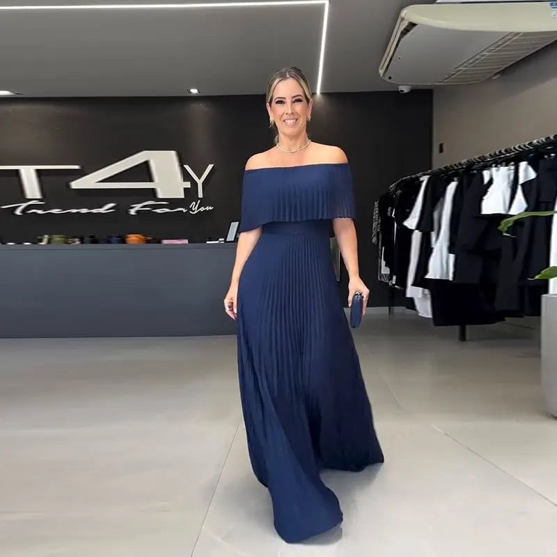 Women's News Pleated Flat shoulder sleeves Waist-Cinching Dress