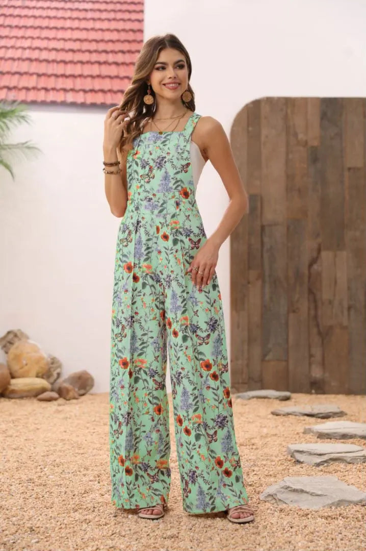 Floral Print Button Wide Leg Jumpsuit