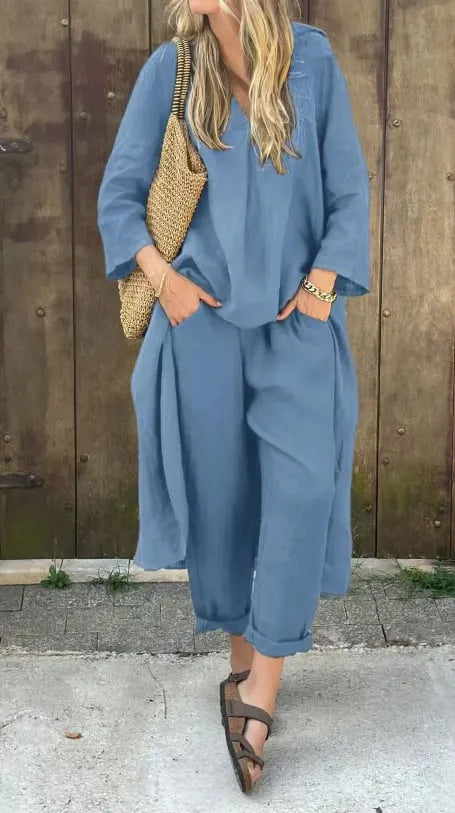 Solid High Low Hem Top & Pants Two-Piece Set
