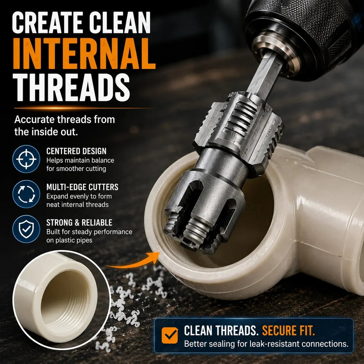 🎉Drill-Powered Pipe Thread Cutting Bit — Internal & External Threading for 1/2" & 3/4" Plastic Pipes