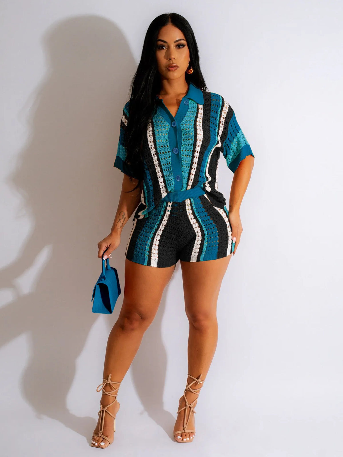(BUY 2 SETS FREE SHIPPING)Women's 2-Piece Sheer Mesh Button-Up Top and High-Waisted Shorts Set