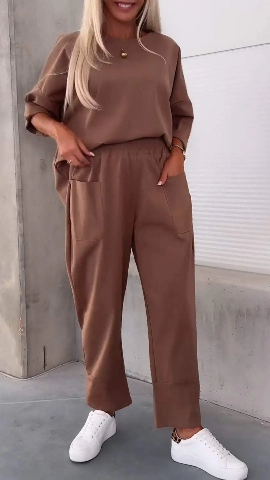Solid Color Casual Top & Pants with Pockets Set