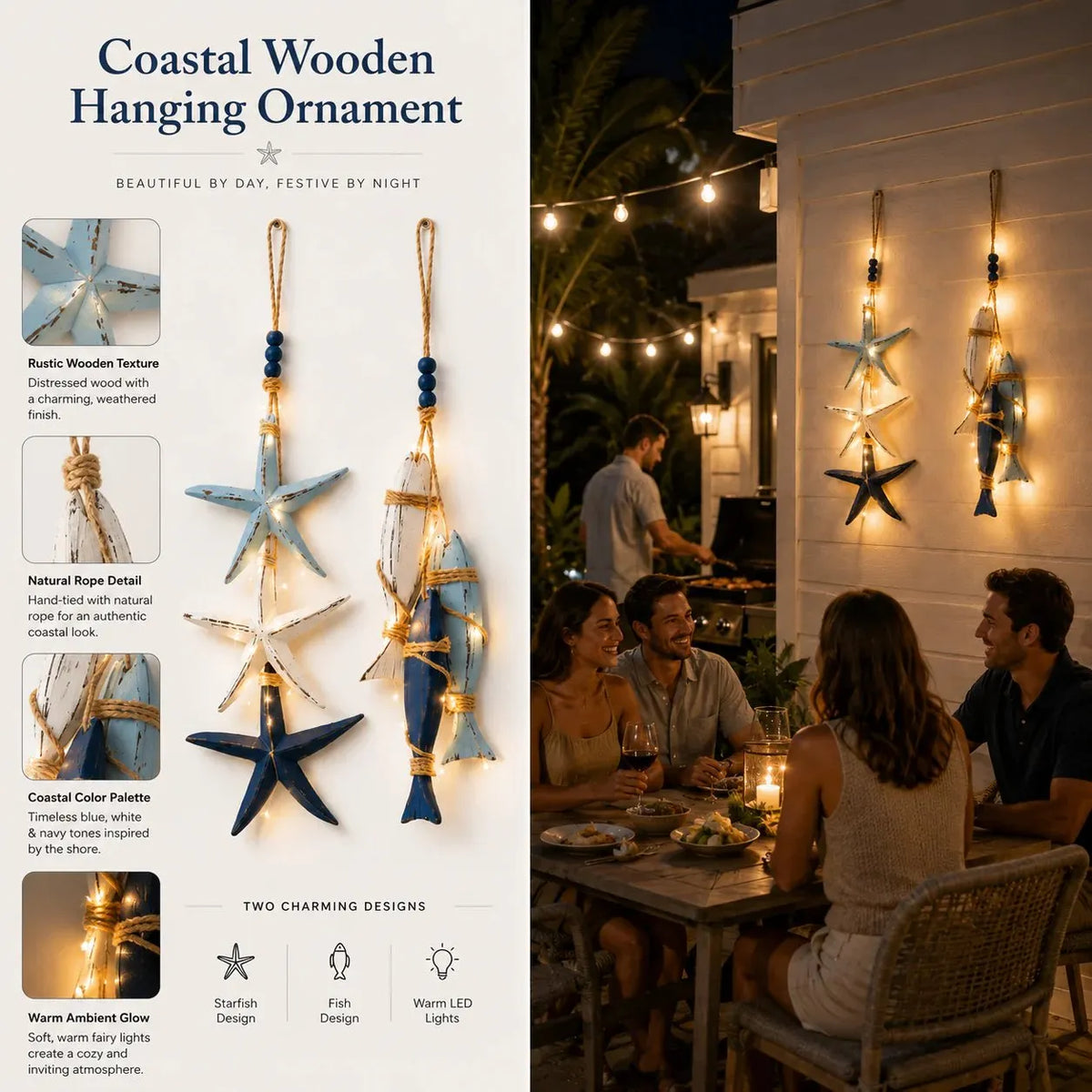 🔥HOT SALE🔥🐟🌊Lighted Coastal Wooden Starfish & Fish Hanging Decor